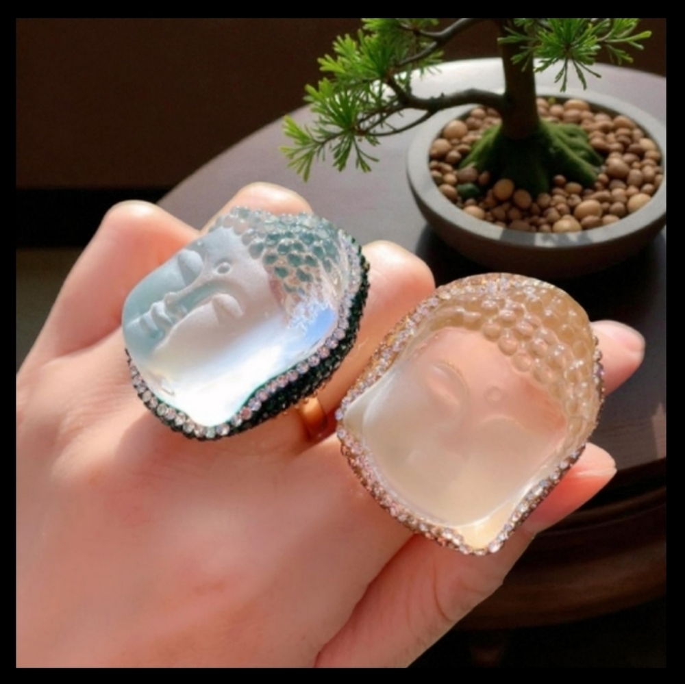 18k Gold Plated Oversized Buddha Asian Emerald Crystal Lucite Statement Ring